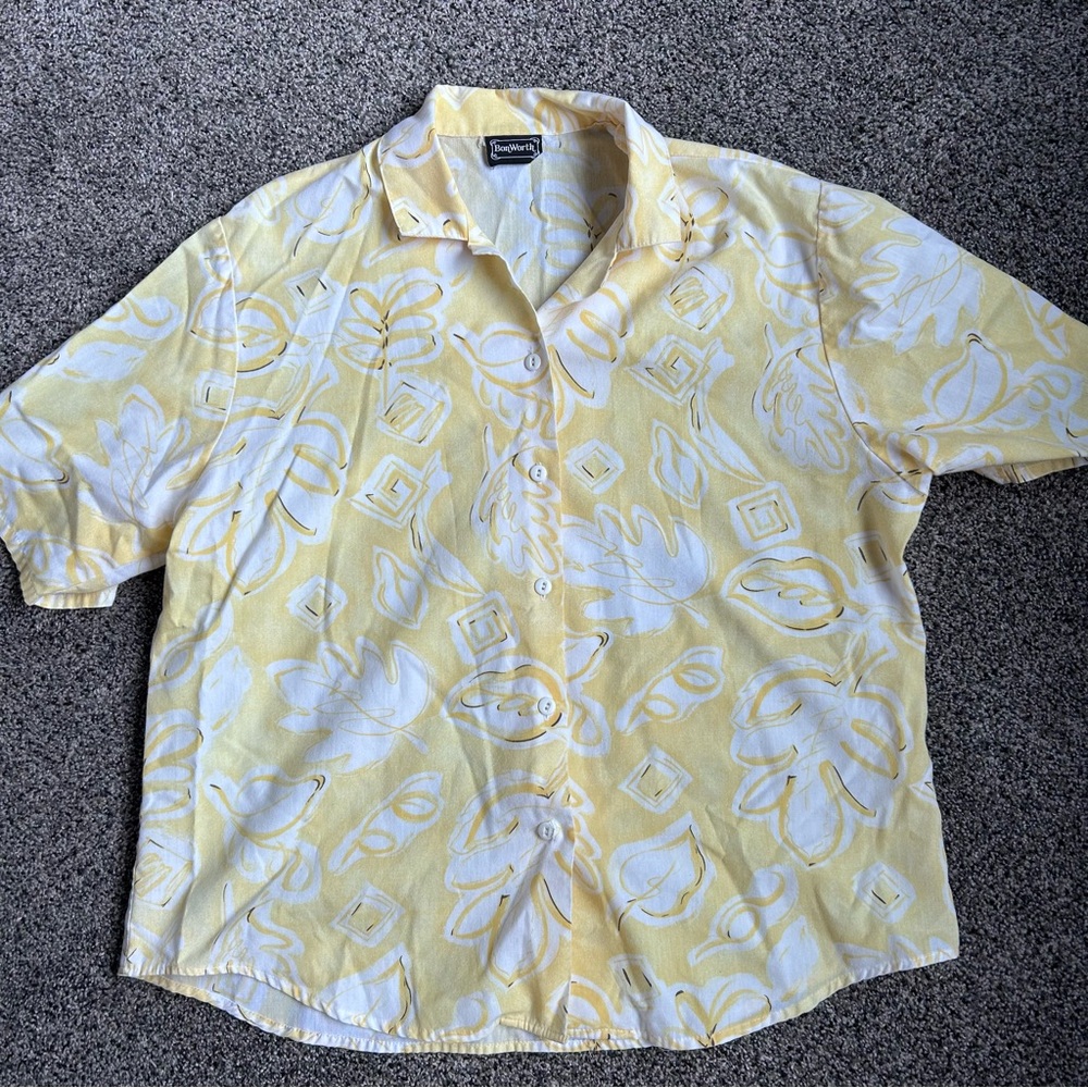 BonWorth Yellow and White Women’s Large Floral Button Up 100% Cotton Shirt